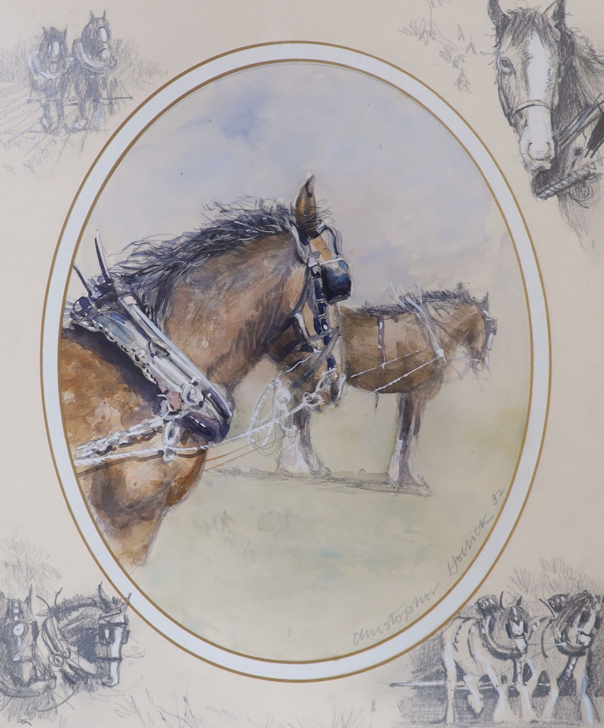 Christopher Hollick (1946-), pencil and watercolour, Study of Shire horses, signed and dated '92, 31 x 26cm